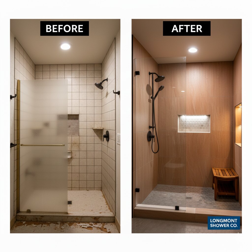 Before and after of a walk-in shower remodel in Longmont, CO by Longmont Shower Co
