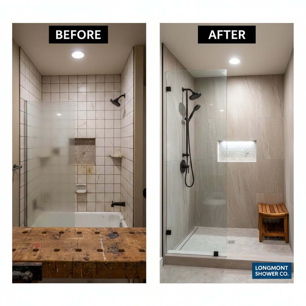 Tiled walk-in shower with frameless glass enclosure remodeled in Longmont, Colorado